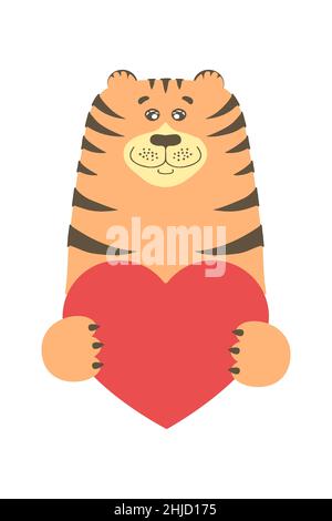 Niedliche Cartoon Tiger Katze hält ein Herz Zeichen mit Kopierraum. Set valentinstag Grußkarte Banner Einladung Flyer Broschüre. Cartoon handgezeichneten Stil. Kleine Tiere Haustiere in der Liebe, Liebeserklärung. Stock Vektor