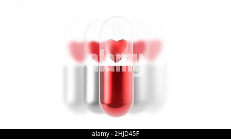 rotes Herz Pille in Kapsel auf weiß Stockfoto