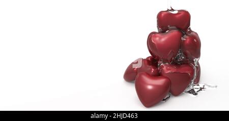 3D Render kristallklaren Sirup undicht Schmelzen über Schokolade Herz-Form-Symbol auf weißem Banner Hintergrund Stockfoto