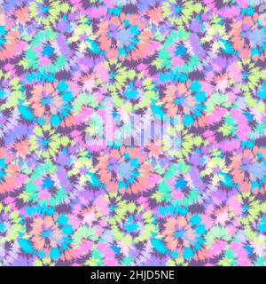 Abstrakter, nahtloser Batikfarbstoff-Textildruck mit Blumenmuster. Bunte festliche Textur auf dunklem Hintergrund. Aquarell-Design Stockfoto