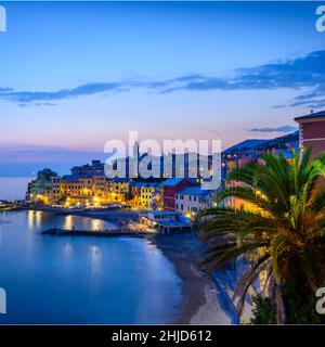 Nachtpanorama. Küste von Ligurien. Mittelmeer. Bogliasco Dorf bei Nacht. Italien. Stockfoto