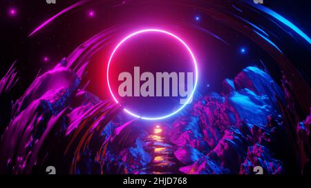 3D Rendern. Sci FI moderner futuristischer heller Hintergrund mit rundem Portal. Abstrakter Hintergrund, Raumlandschaft. Virtuelle Realität, eine Energiequelle. Stockfoto