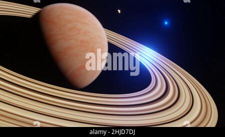 3D Render, Gasplanet im Weltraum. Saturn-Planet und Ringe aus der Nähe. Nachtlandschaft mit dem Planeten Saturn am Sternenhimmel. Weltraumwissenschaft f Stockfoto