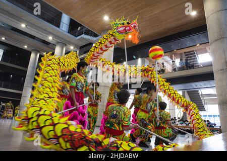 Lange Qian Drachen- und Löwentanzcrews führen einen Löwentanz an der Hochschule für Musik in Nakhon Pathom auf.der Drachentanz ist eine traditionelle chinesische Aufführung, die während des chinesischen Neujahrs aufgeführt wird und auch wichtig für Thai-Chinesen ist, die Drachen- und Löwentanzgruppen einstellen, um bei der Tanzgruppe zu spielen Ihre Plätze, da es viel Glück und Unterhaltung bringt. Long Qian Thailand Drachen- und Löwentanzgruppe ist eine Tanzgruppe in Thailand, die in der Wat Nuannoradit Schule praktiziert und Jugendliche im Bang Khae Bezirk versammelt, um als Drachen- und Löwentanzcrew zu trainieren und dem Teenager auch Anreize zu geben Stockfoto