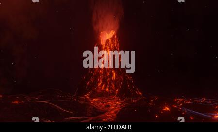 3D Rendern. Ein großer Vulkanausbruch heiße Lava und Gase in die Atmosphäre. Lavafeld, feuriger Magmafluss, geschmolzene Felslandschaft Stockfoto