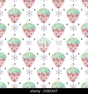 Strawberry florales Nahtloses Muster. Stickerei handgemachte genäht Stil Cartoon Illustration, rot rosa grüne Farbpalette. Schwarzer Hintergrund. Vektor Stock Vektor