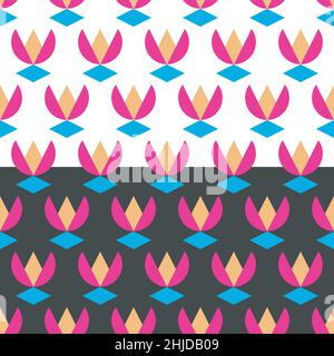 Tulpe mit nahtlosem Blumenmuster. Holland Symbol, geometrische Formen Blume, Neonfarben, Strukturraster. Leicht bearbeitbarer schwarzer oder weißer Hintergrund Stock Vektor