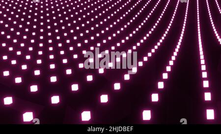 Hintergrund 3D mit violetten Würfeln Wellen, abstraktes Technologie-Design, fantastische Meer von Neon glühenden Würfeln Muster, 3D Render Illustration Hintergrund. Stockfoto