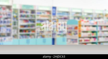 Hintergrund des Banners der Apothekentabelle. Blur Zähler der Apotheke mit Medikamenten, Tabletten und Pillen. Hochwertige Fotos Stockfoto