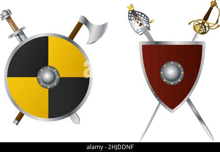 Wikingerschwert, Axt und Schild, Renaissance-Schild und zwei Rapier, Vektorgrafik Stock Vektor