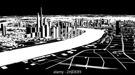 Satellitenansicht von Shanghai, Stadtplan mit Haus und Gebäude. Silhouette, schwarz und weiß. Wolkenkratzer. China. Volksrepublik China Stockfoto