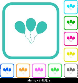 Drei Ballons lebendige farbige flache Symbole in gekrümmten Rändern auf weißem Hintergrund Stock Vektor