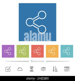 Teilen Sie flache weiße Symbole mit quadratischen Hintergründen. 6 Bonus-Symbole enthalten. Stock Vektor