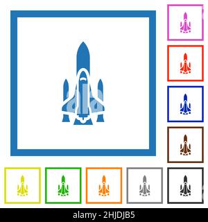 Space Shuttle mit Flach-Farbsymbolen in quadratischen Rahmen auf weißem Hintergrund Stock Vektor