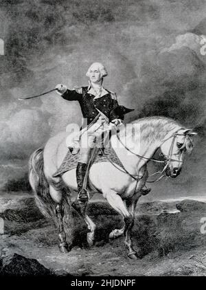 General George Washington wurde am 15. Juni 1775 zum Oberbefehlshaber der kontinentalen Armee ernannt. Als amerikanischer Soldat, Staatsmann und Gründungsvater diente er von 1789 bis 1797 als erster Präsident der Vereinigten Staaten. Stockfoto