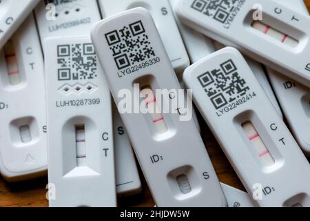 Stapel positiver Covid-19 NHS-Schnelltests für den lateralen Fluss zu Hause Stockfoto