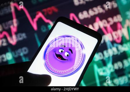 Ukraine. 28th Januar 2022. In dieser Fototafel ist das grimace Coin (GRIM)-Logo auf einem Smartphone zu sehen. Kredit: SOPA Images Limited/Alamy Live Nachrichten Stockfoto