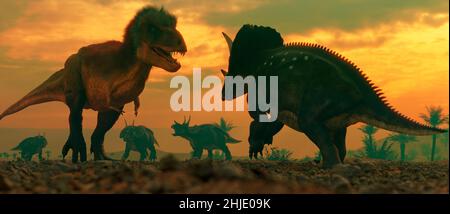 Kunstwerk von T Rex vs Triceratops Stockfoto