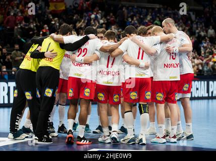 Budapest, Ungarn, 28th. Januar 2022. Die Spieler Dänemarks während der EHF EURO 2022 der Männer, Halbfinale zwischen Spanien und Dänemark in Budapest, Ungarn. 28. Januar 2022. Kredit: Nikola Krstic/Alamy Stockfoto