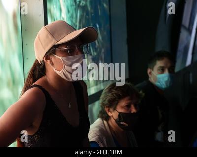 Medellin, Antioquia, Kolumbien - November 10 2021: Junge braune Frau mit beigefarbener Kappe und weißer Gesichtsmaske steht in einem Museum Stockfoto