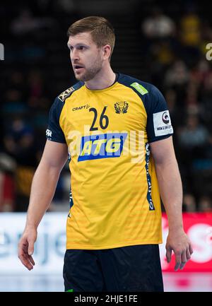 Budapest, Ungarn, 28th. Januar 2022. Linus Persson aus Schweden beim EHF EURO 2022 der Herren, Halbfinale zwischen Frankreich und Schweden in Budapest, Ungarn. 28. Januar 2022. Kredit: Nikola Krstic/Alamy Stockfoto