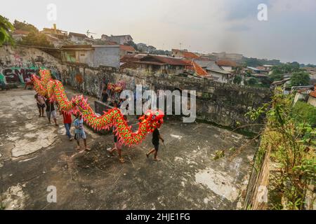 Tänzer üben die traditionelle „Barongsai“-Tanzvorstellung in Bogor, Indonesien, am 27. Januar 2022, um das chinesische Neujahr zu feiern Stockfoto