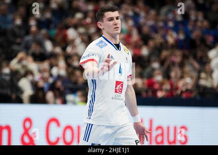 Budapest, Ungarn, 28th. Januar 2022. Aymeric Minne aus Frankreich reagiert während des EHF-EM 2022 der Männer, dem Halbfinale zwischen Frankreich und Schweden in Budapest, Ungarn. 28. Januar 2022. Kredit: Nikola Krstic/Alamy Stockfoto