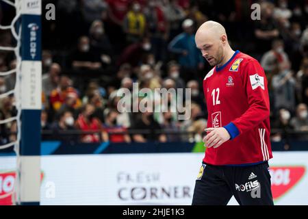 Budapest, Ungarn, 28th. Januar 2022. Torwart Vincent Gerard aus Frankreich sieht beim EHF EURO 2022, dem Halbfinale zwischen Frankreich und Schweden, in Budapest, Ungarn, niedergeschlagen aus. 28. Januar 2022. Kredit: Nikola Krstic/Alamy Stockfoto