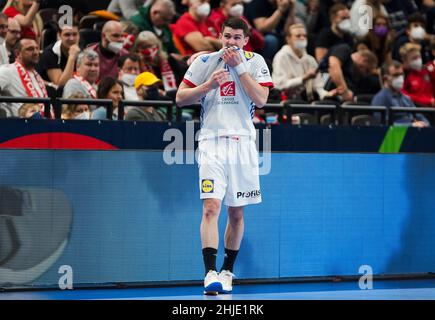 Budapest, Ungarn, 28th. Januar 2022. Aymeric Minne aus Frankreich reagiert während des EHF-EM 2022 der Männer, dem Halbfinale zwischen Frankreich und Schweden in Budapest, Ungarn. 28. Januar 2022. Kredit: Nikola Krstic/Alamy Stockfoto