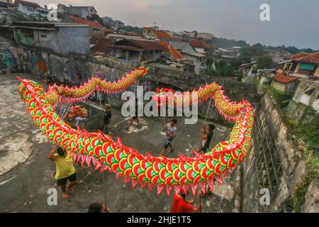 Tänzer üben die traditionelle „Barongsai“-Tanzvorstellung in Bogor, Indonesien, am 27. Januar 2022, um das chinesische Neujahr zu feiern Stockfoto