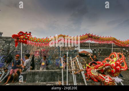 Tänzer üben die traditionelle „Barongsai“-Tanzvorstellung in Bogor, Indonesien, am 27. Januar 2022, um das chinesische Neujahr zu feiern Stockfoto