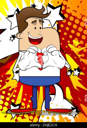 Einfache Retro-Karikatur eines Geschäftsmannes mit herzförmiger Handbewegung. Professioneller Finanzmitarbeiter in Weiß trägt ein Hemd mit roter Krawatte. Stock Vektor