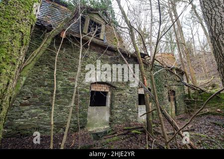 Langenhain Ziegenberg, Deutschland. 18th Januar 2022. Fast vollständig eingestürzt ist dieses Gebäude, das früher von der Wehrmacht am Eingang zum ehemaligen Führerhauptquartier Adlerhorst im Wald bei Langenhain-Ziegenberg genutzt wurde. Der semi-unterirdische Bunkerkomplex wurde oft vergessen. Quelle: Boris Roessler/dpa/Alamy Live News Stockfoto