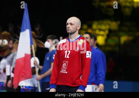 Vincent Gerard aus Frankreich während der EHF Euro 2022, Halbfinale des Handballs zwischen Frankreich und Schweden am 28. Januar 2022 in der Budapester Multifunktionsarena in Budapest, Ungarn - Foto Laurent Lairys / DPPI Stockfoto