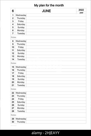 Kalendervorlage für das Jahr Juni 2022. Monatskalender. Tagesplaner. Planner-Tagebuch im Minimalismus-Stil. Unternehmens- und Geschäftskalender. Organisator Stockfoto