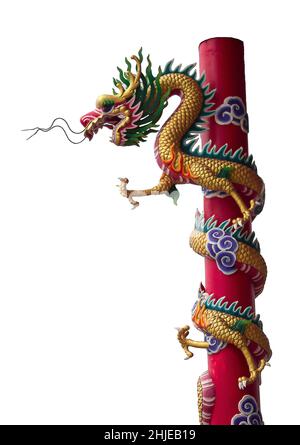 Chinesische Drachen Skulptur Statue tausend Säule Lotus isoliert auf weißem Hintergrund. Stockfoto