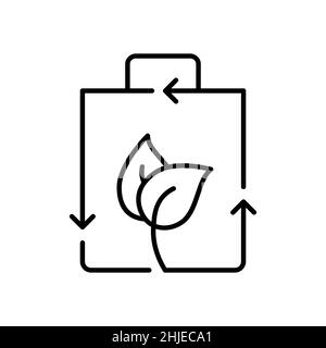 Biologisch abbaubare Öko-Beutel Linie Symbol. Recycling-Verpackungskonzept. Wiederverwendbare, kompostierbare Materialien. Einkaufstasche mit Blättern und Recycling-Pfeilen. Vektor Stock Vektor