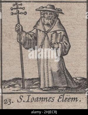 Inkunable, 15th Jahrhundert, Mittelalter, Heilige, heilige, Religiös, andachtsam, sakral, Holzschnitt, graviert, Gravur, januar, Monat, Kalender, katholisch, Selten, Renaissance, illustriert, detailreich, Beschützer, Protektoren, gedruckt, drucken, latein, Geschichte, Historisch, original, beten, römisch-katholisch, östlich, orthodoxe, Kirche, Repressantionen, Papst, Priester, Mönche, Könige, Einsiedler, Einsiedler, Leidenschaft, Weltlich, Symbol, spirituell, Heiligkeit, Kunst, Handarbeit, Kunstwerke, Handwerkskunst, Inkunabeln, Saint Ioannes Eleem Stockfoto