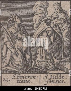 Inkunable, 15th Jahrhundert, Mittelalter, Heilige, heilige, Religiös, andachtsam, sakral, Holzschnitt, graviert, Gravur, januar, Monat, Kalender, katholisch, Selten, Renaissance, illustriert, detailreich, Beschützer, Protektoren, gedruckt, drucken, latein, Geschichte, Historisch, original, beten, römisch-katholisch, östlich, orthodoxe, Kirche, Repressantionen, Papst, Priester, Mönche, Könige, Einsiedler, Einsiedler, Leidenschaft, Weltlich, Symbol, spirituell, Heiligkeit, Kunst, Handarbeit, Kunstwerke, Handwerkskunst, Inkunabeln. Heilige Emerentiana, Heilige Hildefonsus (Ildefonsus) Stockfoto