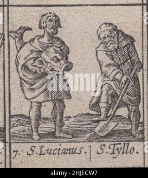Inkunable, 15th Jahrhundert, Mittelalter, Heilige, heilige, Religiös, andachtsam, sakral, Holzschnitt, graviert, Gravur, januar, Monat, Kalender, katholisch, Selten, Renaissance, illustriert, detailreich, Beschützer, Protektoren, gedruckt, drucken, latein, Geschichte, Historisch, original, beten, römisch-katholisch, östlich, orthodoxe, Kirche, Repressantionen, Papst, Priester, Mönche, Könige, Einsiedler, Einsiedler, Leidenschaft, Weltlich, Symbol, spirituell, Heiligkeit, Kunst, Handarbeit, Kunst, Kunsthandwerk, Inkunabeln, St. Lucianus und St. Tyllo / St. Lucia und St. Thillo Stockfoto