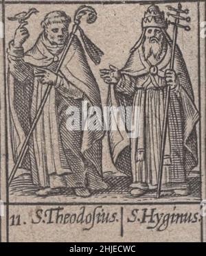 Inkunable, 15th Jahrhundert, Mittelalter, Heilige, heilige, Religiös, andachtsam, sakral, Holzschnitt, graviert, Gravur, januar, Monat, Kalender, katholisch, Selten, Renaissance, illustriert, detailreich, Beschützer, Protektoren, gedruckt, drucken, latein, Geschichte, Historisch, original, beten, römisch-katholisch, östlich, orthodoxe, Kirche, Repressantionen, Papst, Priester, Mönche, Könige, Einsiedler, Einsiedler, Leidenschaft, Weltlich, Symbol, spirituell, Heiligkeit, Kunst, Handarbeit, Kunst, Handwerk, Inkunabeln, Heiliger Theodosius und Heiliger Hyginus / Theodosius der Cenobiarch und Papst Hyginus Stockfoto