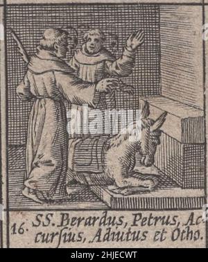 Inkunable, 15th Jahrhundert, Mittelalter, Heilige, heilige, Religiös, andachtsam, sakral, Holzschnitt, graviert, Gravur, januar, Monat, Kalender, katholisch, Selten, Renaissance, illustriert, detailreich, Beschützer, Protektoren, gedruckt, drucken, latein, Geschichte, Historisch, original, beten, römisch-katholisch, östlich, orthodoxe, Kirche, Repressantionen, Papst, Priester, Mönche, Könige, Einsiedler, Einsiedler, Leidenschaft, Weltlich, Symbol, spirituell, Heiligkeit, Kunst, Handarbeit, Kunstwerk, Handwerkskunst, Inkunabeln . SS. Berardus, Petrus, Accursius, Adjutus, atque Otho Stockfoto