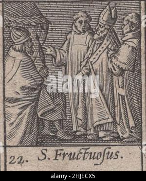 Inkunable, 15th Jahrhundert, Mittelalter, Heilige, heilige, Religiös, andachtsam, sakral, Holzschnitt, graviert, Gravur, januar, Monat, Kalender, katholisch, Selten, Renaissance, illustriert, detailreich, Beschützer, Protektoren, gedruckt, drucken, latein, Geschichte, Historisch, original, beten, römisch-katholisch, östlich, orthodoxe, Kirche, Repressantionen, Papst, Priester, Mönche, Könige, Einsiedler, Einsiedler, Leidenschaft, Weltlich, Symbol, spirituell, Heiligkeit, Kunst, Handarbeit, Kunst, Handwerk, Inkunabeln, Saint Fructuosus / Saint Fructuosus von Tarragona Stockfoto