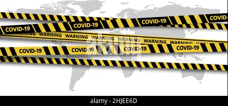 Quarantänestreifen. Warnschild Cordon covid-19. Schwarze und gelbe Gefahrenzonenlinie mit Schatten auf dem Hintergrund der Weltkarte. Bürsten im Lieferumfang enthalten. Stock Vektor