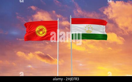 Flagge Kirgisistan vs Tadschikistan Shooting Border Stockfoto