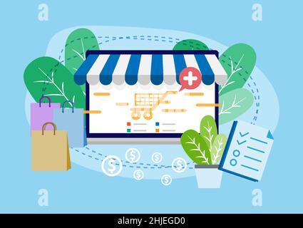 Online einkaufen. Checkliste Bestellung eCommerce. Online-Zahlung der Webshop-Anwendung. Digitales Online-Marketing mit Bildschirmtransaktionen für Laptops. Blauton Stock Vektor