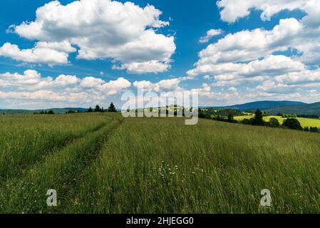 Schöne hügelige Landschaft mit kleineren Hügeln, bedeckt von Wiesen mit wenigen Bäumen und wenigen Gebäuden, höher bewaldeten Hügeln im Hintergrund und blauen s Stockfoto