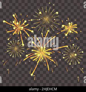 Feuerwerk, das Funken strahlt. Feuerwerk Explosionen Objekt für Festival auf transparentem Hintergrund. Feiern Sie die isolierte Vektordarstellung „Beleuchtungseffekt“. Stock Vektor