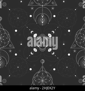 Nahtloses Muster mit heiligen geometrischen Symbolen. Hintergrund mit magischen Zeichen. Stock Vektor
