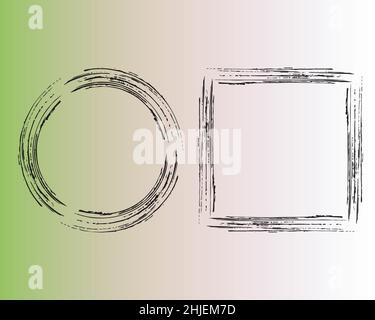 Rahmen gesetzt. Handgezeichnete Pinselstriche grungen Linien, schwarze Farbe. Kreisförmige, quadratische geometrische Formen. Leerer Rahmen. Vektor Stock Vektor